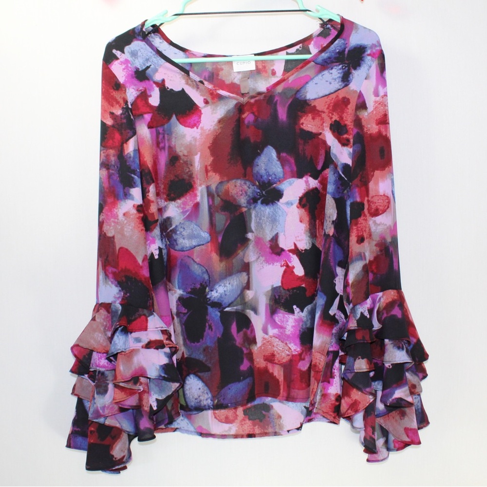 Y2K sheer Multicolor floral print ruffled long sleeve blouse women’s size small